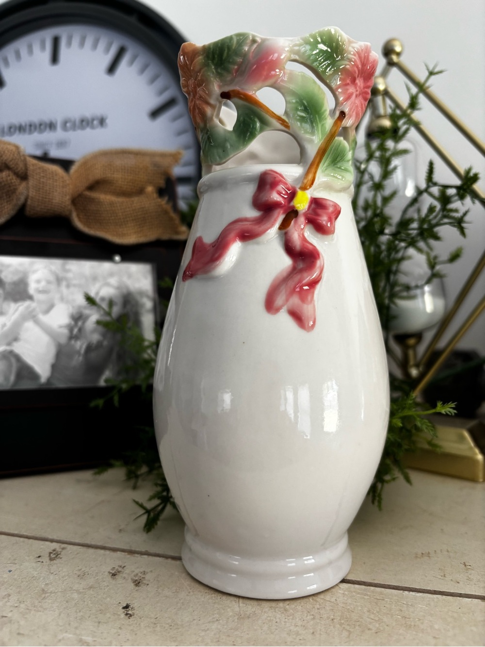 Vintage porcelain White Vase with Pink bow/floral